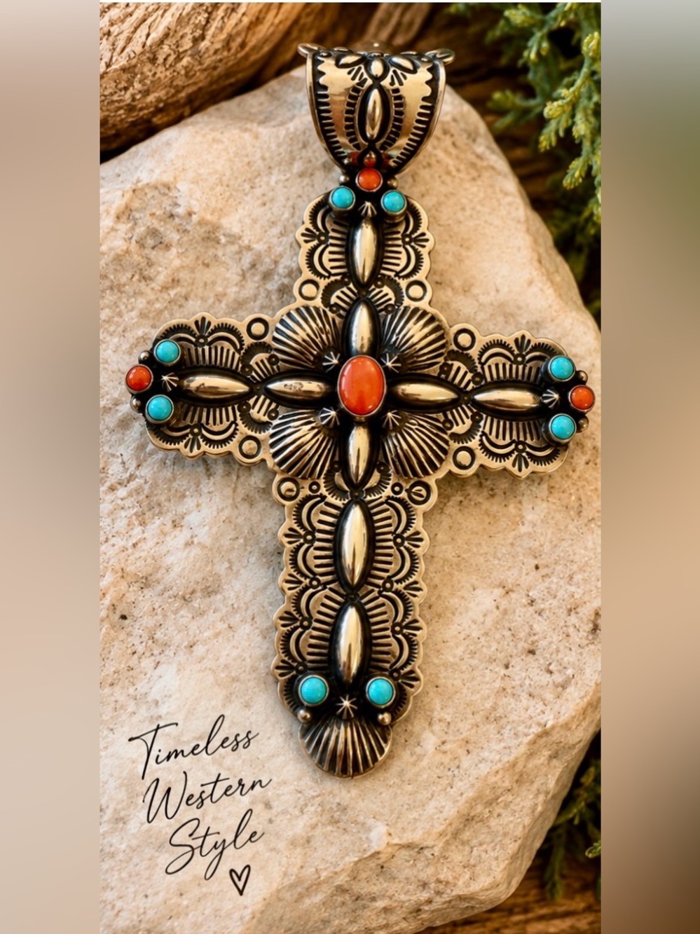 Large Sterling Silver Turquoise and Coral Cross